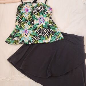 Floral Tropical Tankini Top and Black Skirt Set